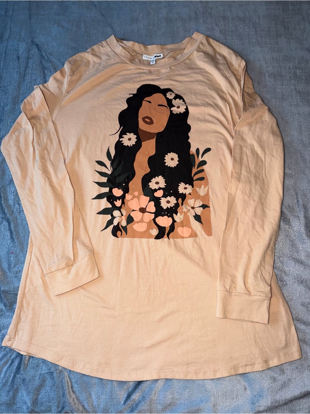 Fashion Nova mocha Long-Sleeve Graphic Tee with Floral Woman Print